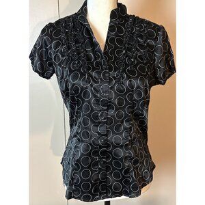 Y2k Officecore Tuxedo Ruffle Blouse Top Medium Black White Satin Circle Print